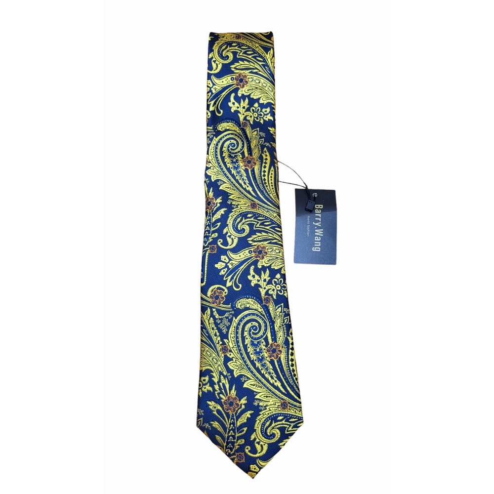 NWT Barry Wang 100% ‎ Silk Blue Gold Floral Paisley Tie Necktie Hand Tailored